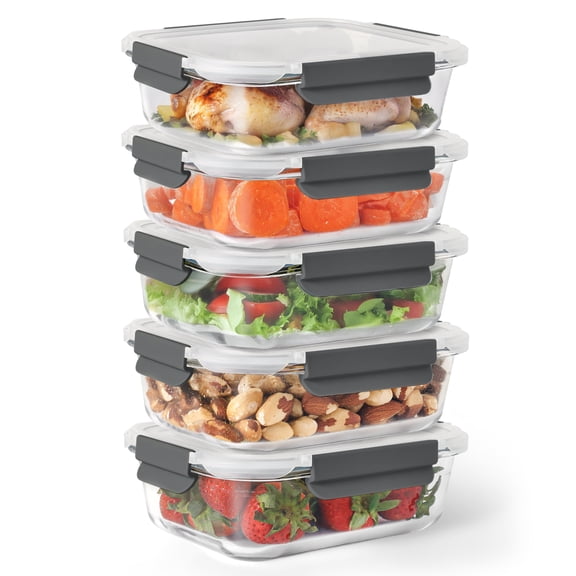 5-Pack Glass Food Storage Containers with Leakproof Lids | 36oz Each | Oven, Microwave, Freezer & Dishwasher Safe | Reusable Meal Prep Containers