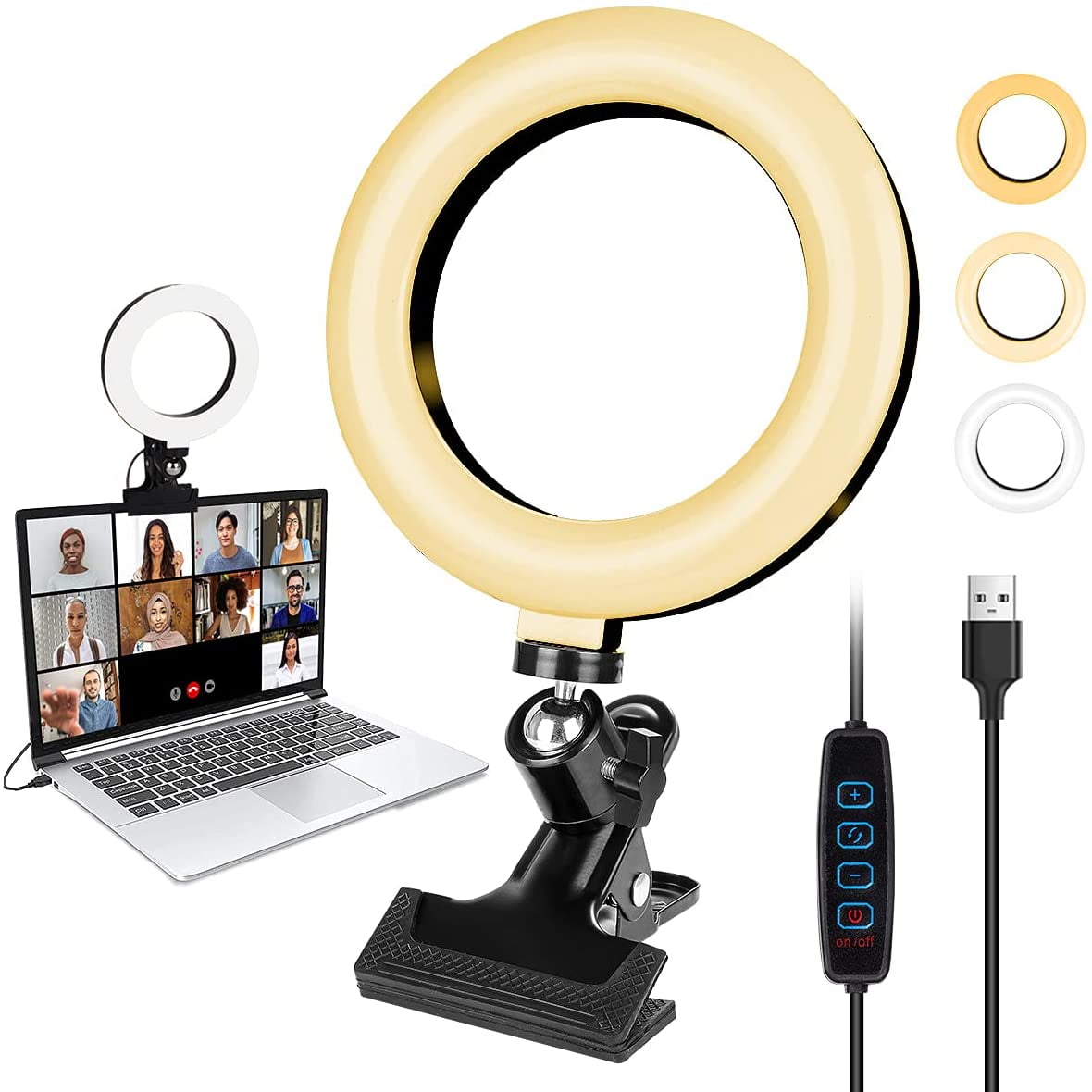 6 Inch 48LED Ring Light with Clip, Conference Video Light Photo Video LED Lighting Kit, 3 Color Temperature, Laptop Selfie Light, 10 Levels Brightness, Suitable for Portrait YouTube Video, Vlog, Makeu