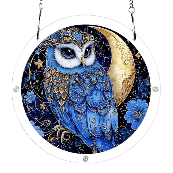 Elegant Blue Owl Flowers Moon Acrylic Jigsaw Puzzles 83 Pieces Suncatcher for Window Hanging 7.5 Inch Holiday Home Decor