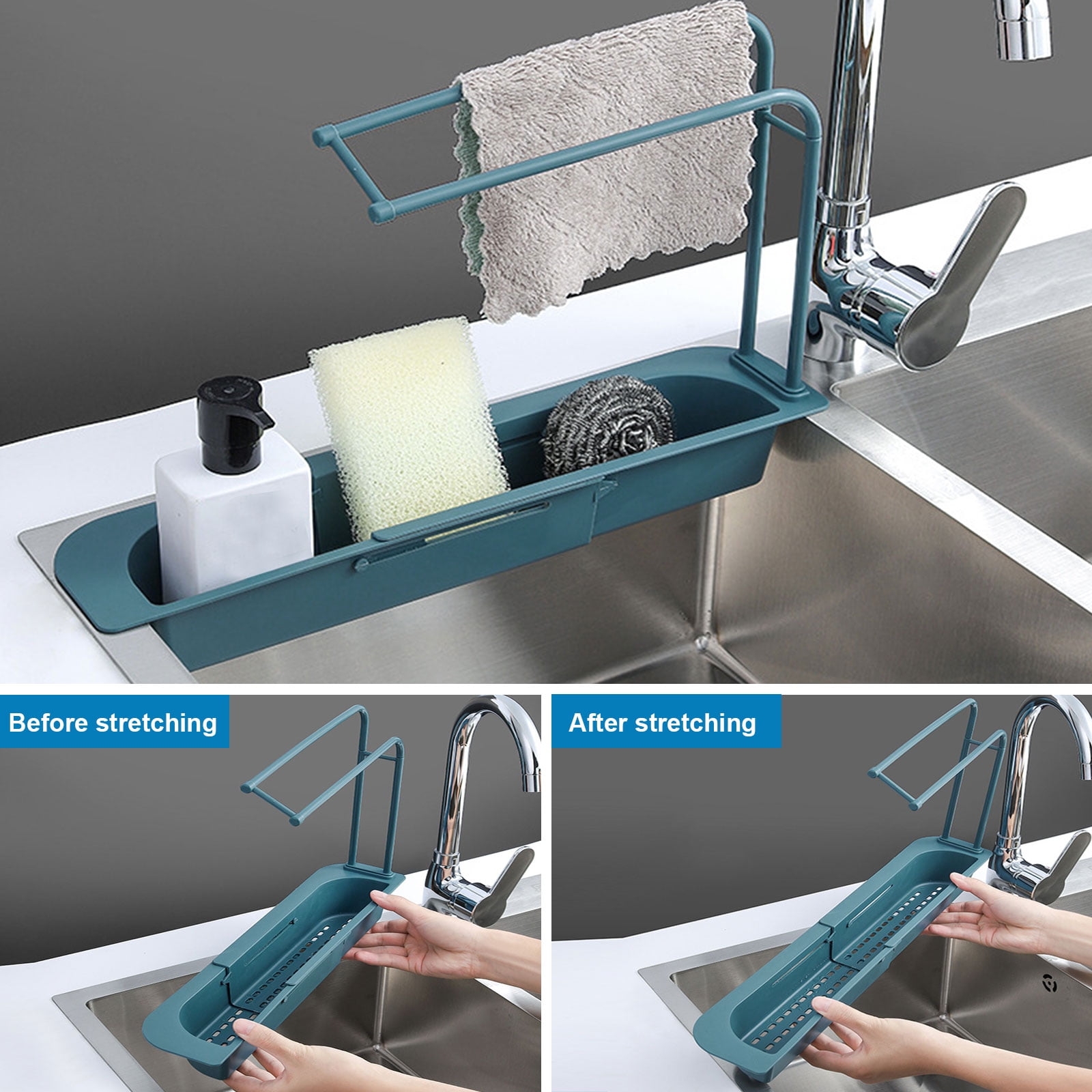 Telescopic Sink Holder Drain Tray Basket with Towel Bar Expandable Sponge Soap Rack Drainer for Home Kitchen Grey 