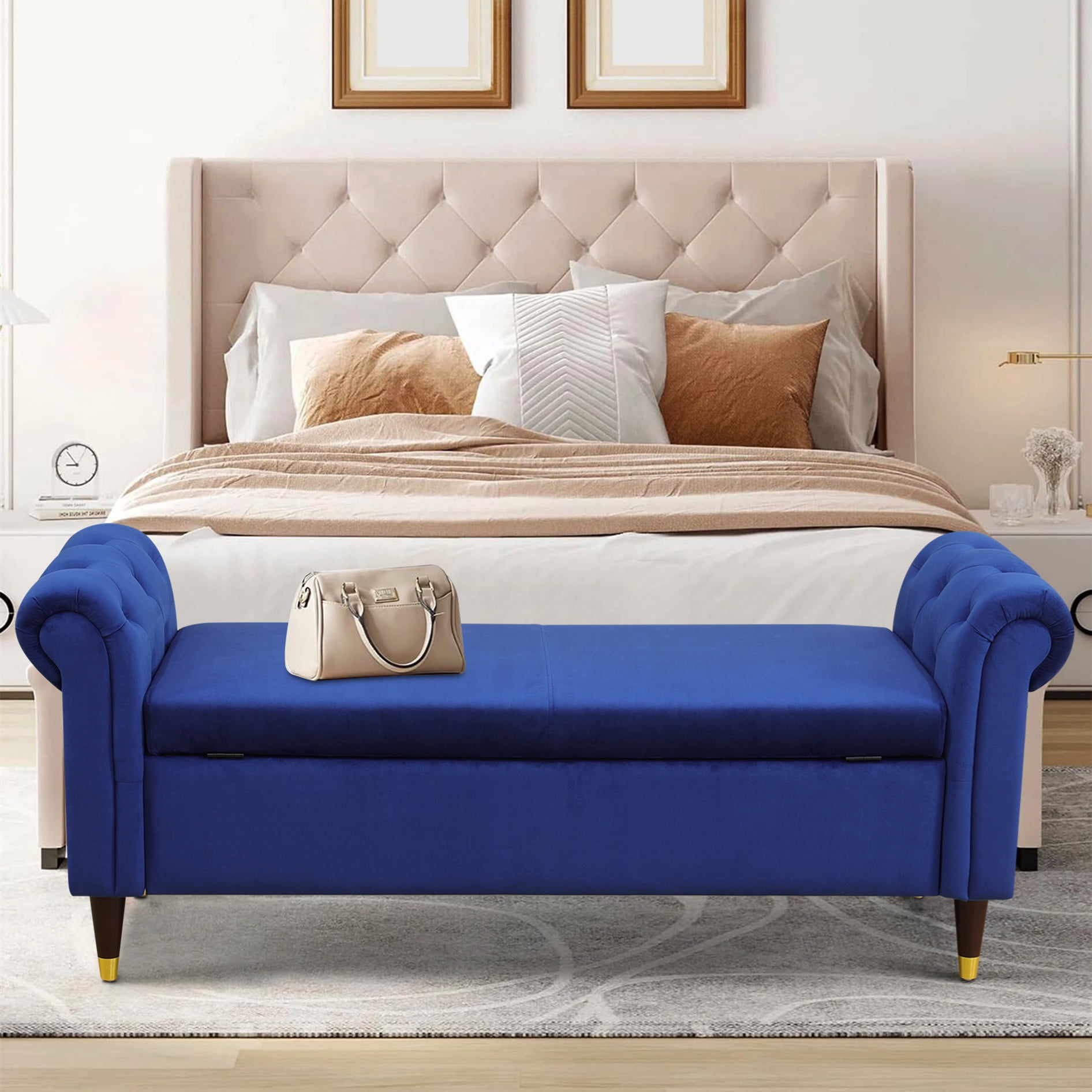 Aukfa 64 inch Oversized Storage Ottoman Bench, Lift Top Storage Chest for Bedroom, Sherpa, Blue