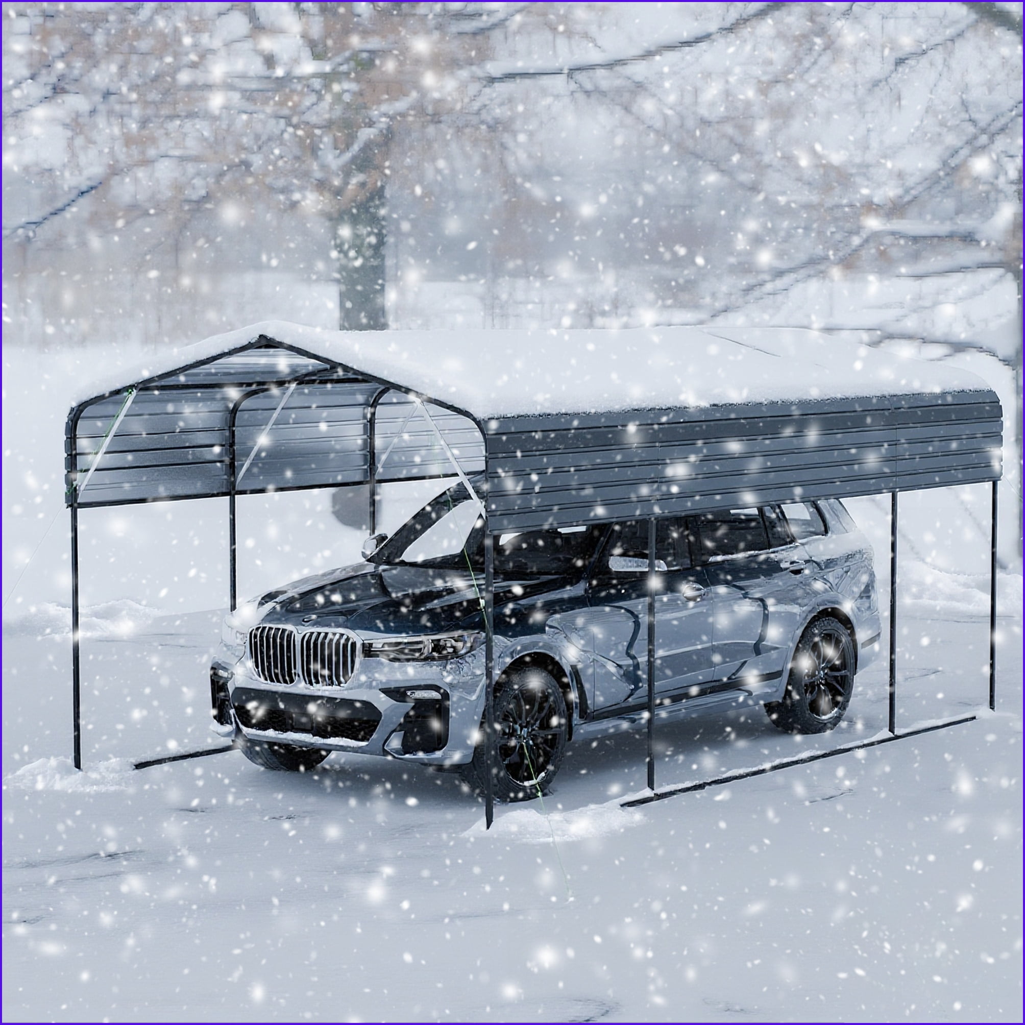 Carports | 11x19 FT Modern Heavy Duty Metal Carport, Galvanized Steel Roof for Parking, Storage Workshop, Black Frame | Gray | Steel
