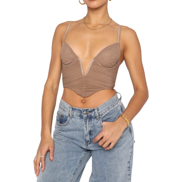 SAYOO Mujeres Casual Tank Tops, Sin Mangas Sin Espalda Color Sólido Cuello En V Irregular Sling Crop Tops SAYOO Moda