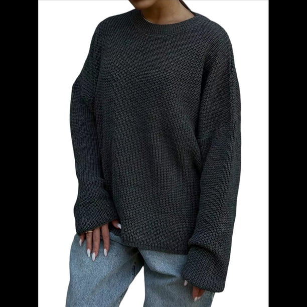 Suéter de Punto Holgado con Cuello Redondo y Color Liso para Mujer, Ideal para Otoño e Invierno. Gris Oscuro L