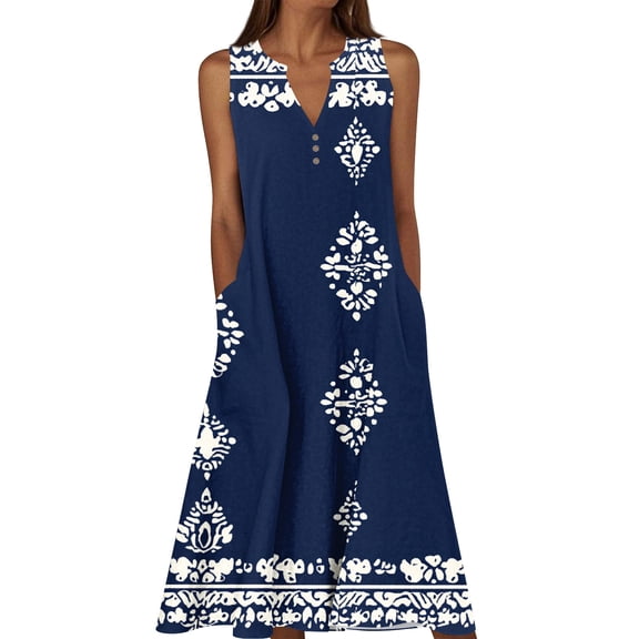 DeHolifer Women's Dress Plus Size Summer Floral Casual Midi Sundress Sleeveless V-Neck Long Tank Dresses with Pockets Multicolor 5XL