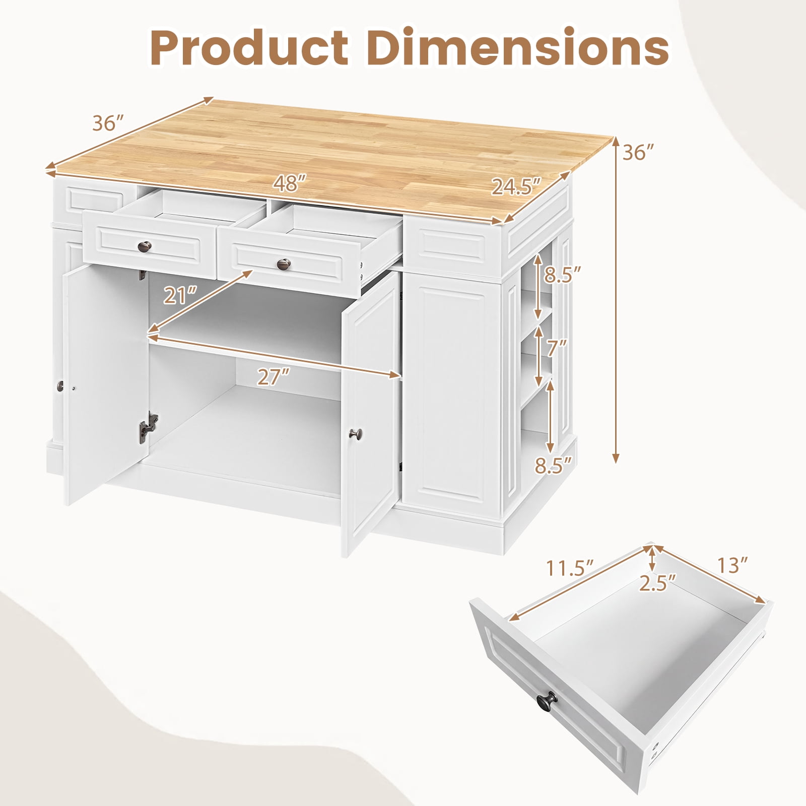 Gymax Kitchen Island Table w/ Storage Cabinet and Drop Leaf White
