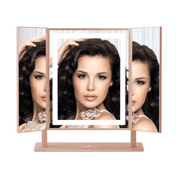 Impressions Vanity Trifold LED Tri Tone Makeup Mirror,360 degree Tilt and Dimmable Lights (Rose Gold)