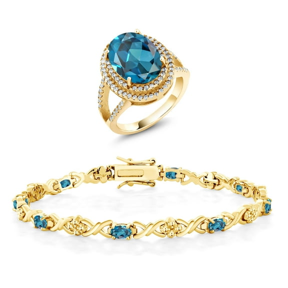 Gem Stone King 12.14 Ct Oval London Blue Topaz 18K Yellow Gold Plated Silver Ring and Bracelet Jewelry Set (Size 7)