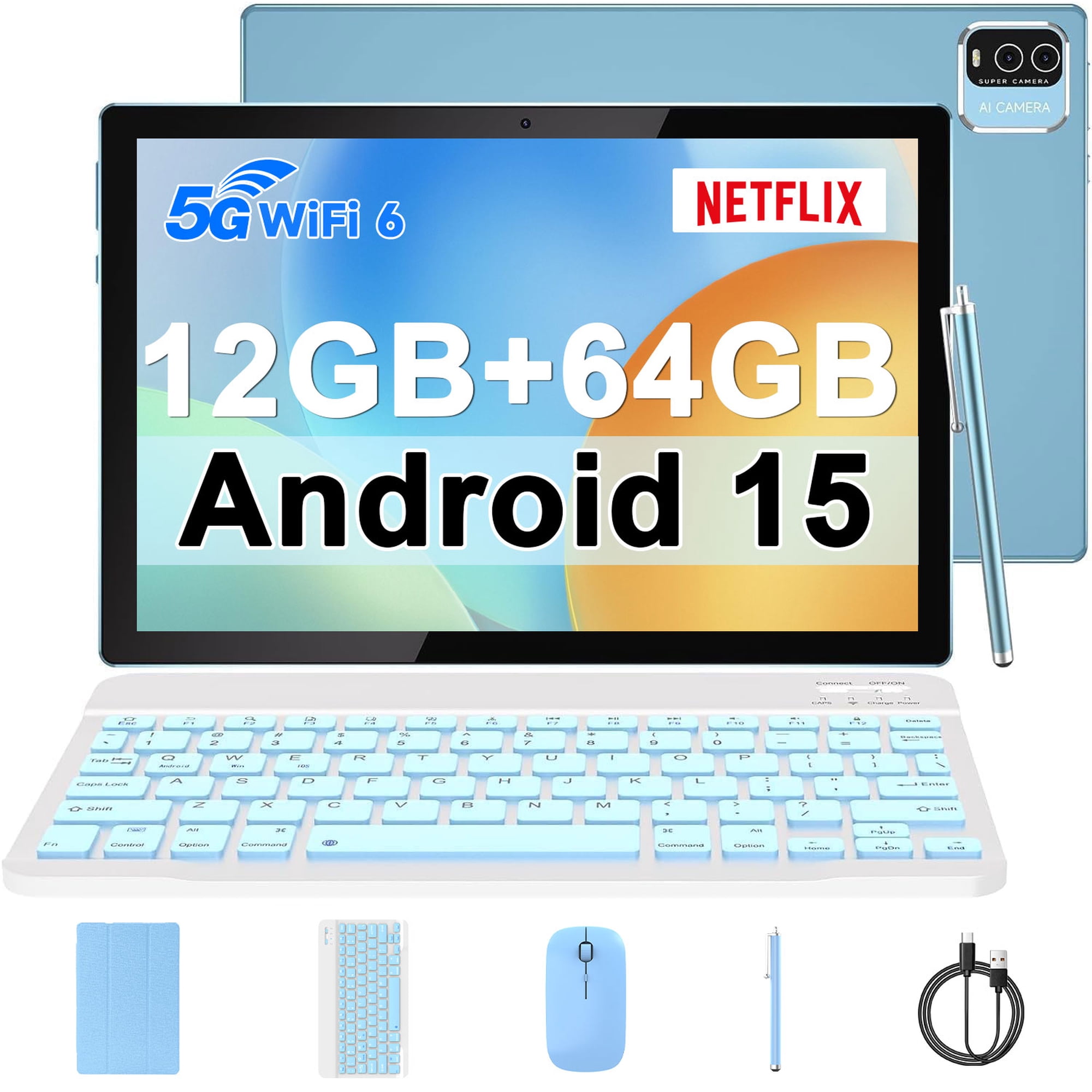 2024 Latest Android 11 Tablet 10 inch 2 in 1 Tablet, 4GB RAM+64GB ROM Tablet, 1.8GHz Quad-core Processer, 1280*800 FHD, 8MP Camera, 2.4G/5G Wi-Fi 6 BT 5.0, Tablets with Keyboard| Mouse| Case| Stylus