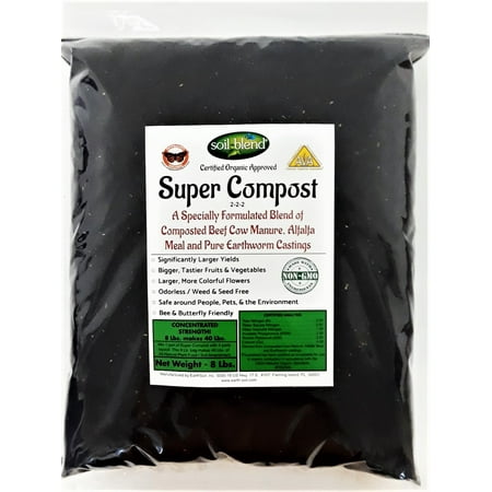 Super Compost 8 Lb. Bag makes 40 Lbs. Organic Fertilizer, Planting Mix, Plant Food, Soil Amendment. A Special Blend of Worm Castings, Composted Beef Cow Manure & Alfalfa 2-2-2 NPK + Calcium, (Best Way To Compost Chicken Manure)