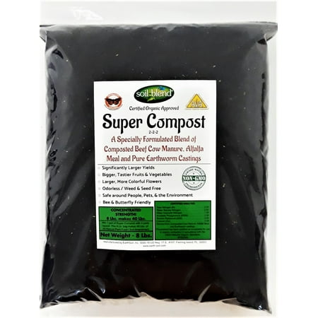 Super Compost 8 Lb. Bag makes 40 Lbs. Organic Fertilizer, Planting Mix, Plant Food, Soil Amendment. A Special Blend of Worm Castings, Composted Beef Cow Manure & Alfalfa 2-2-2 NPK + Calcium, (Best Worm Food For Reproduction)