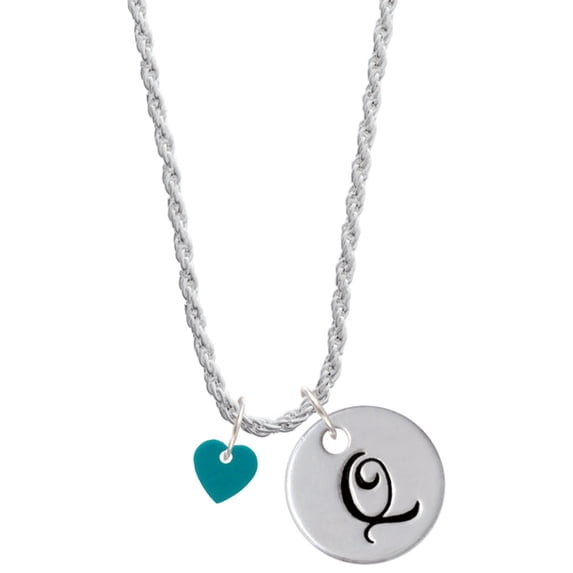 Delight Jewelry Acrylic 5/16" Teal Heart Silvertone Script Initial Disc - Q - Charm Necklace, 20"+3"