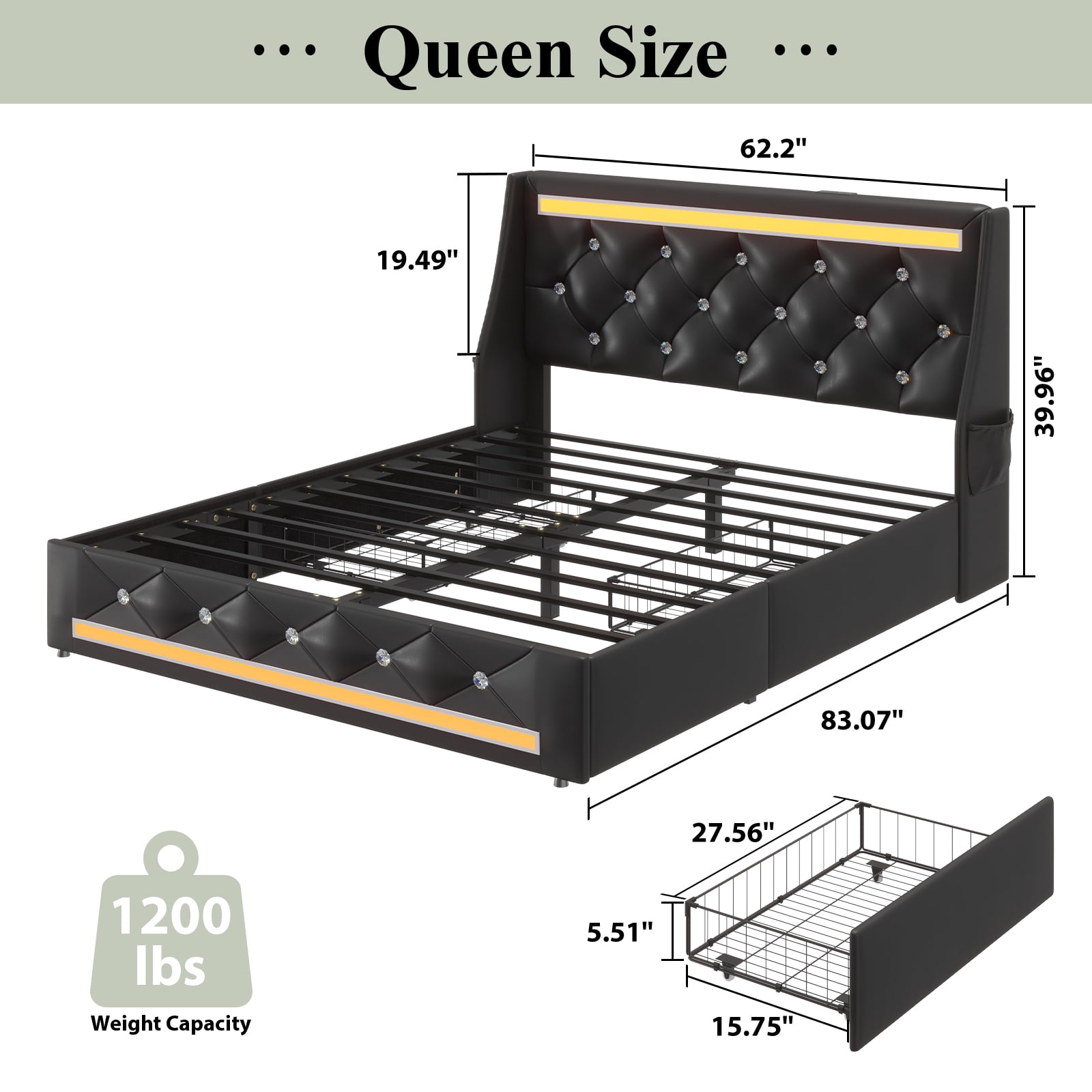 E-motie Queen Bed Frame with 2 Storage Drawers, Upholstered Headboard with LED Light & Charging Station, Diamond Tufted Style, Pu Leather, Black