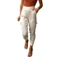 thumbnail image 3 of BOOMILK Pants for Women Satin Elastic Waist Pocket Trousers Casual Pants White, 3 of 7
