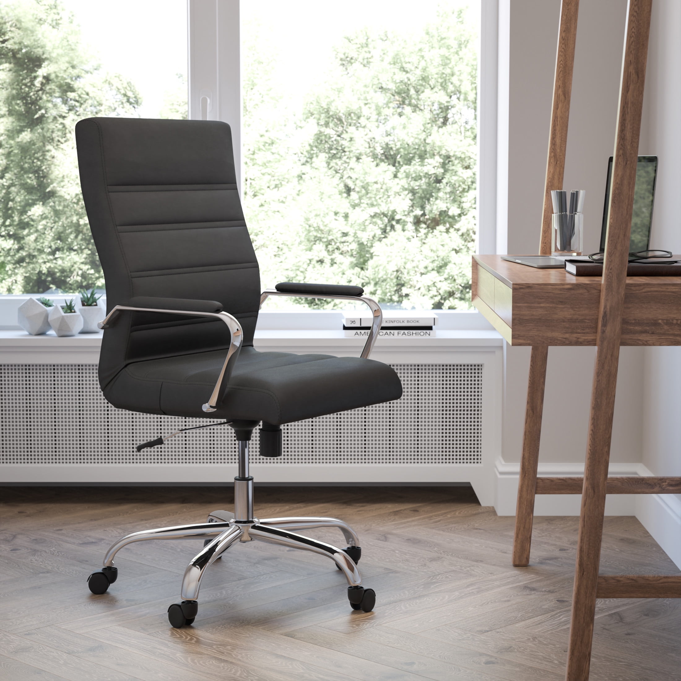 Flash Furniture Whitney High-Back Swivel LeatherSoft Desk Chair with Armrests, Black/Chrome