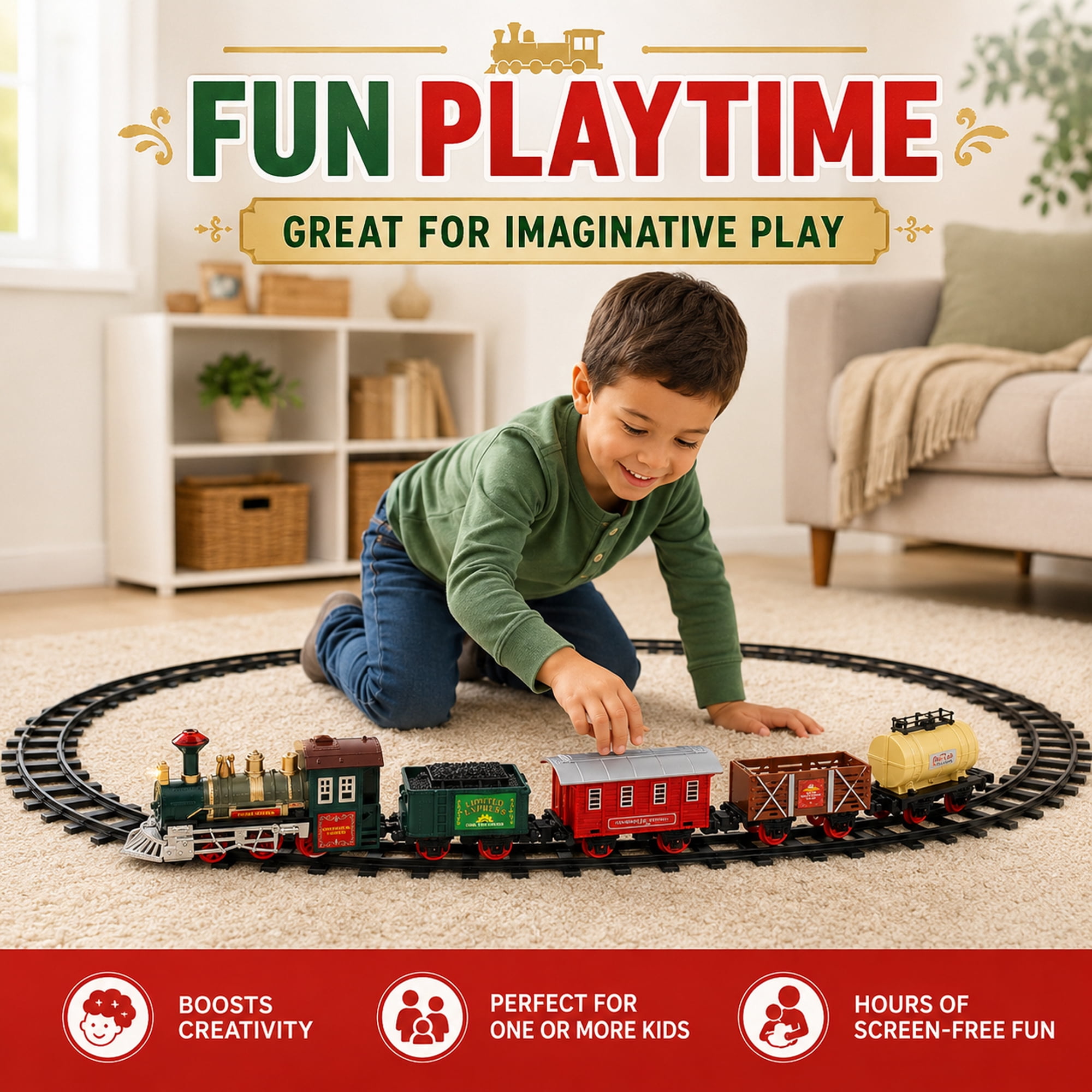 Battery Powered Toy Train Set for Kids Ages 3+, Lights & Sounds, 5 Train Cars, 53 x 30 in Track