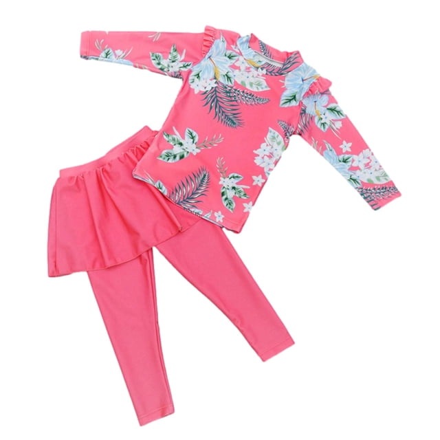 Zwiiyzr 2025 Maillot de Bain 2 Pcs pour Filles Imprimé Floral Manches Longues Maillot Dermoprotecteur Chemises et Pantalons Longs avec Jupe Combinaison Protection Uv Maillot de Bain Plage 3-11 Ans Rouge Melon D\'eau