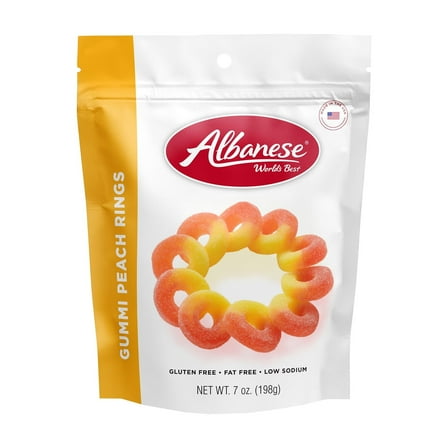 Albanese World's Best Gummi Peach Rings Candy, Gluten Free, Fat Free, 7 oz