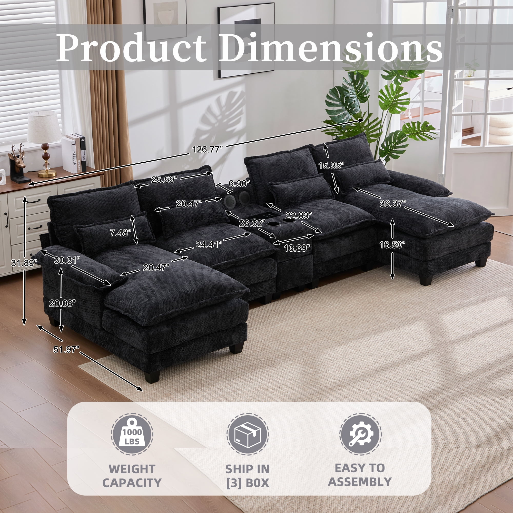 Villeston 126.77" U-Shaped Cloud Sofa With Chaise Lounge, Chenille Sofa With Wireless Charging, Bluetooth Speaker, Two Cup Holders, Storage Drawer, Suitable For Living Room,Black