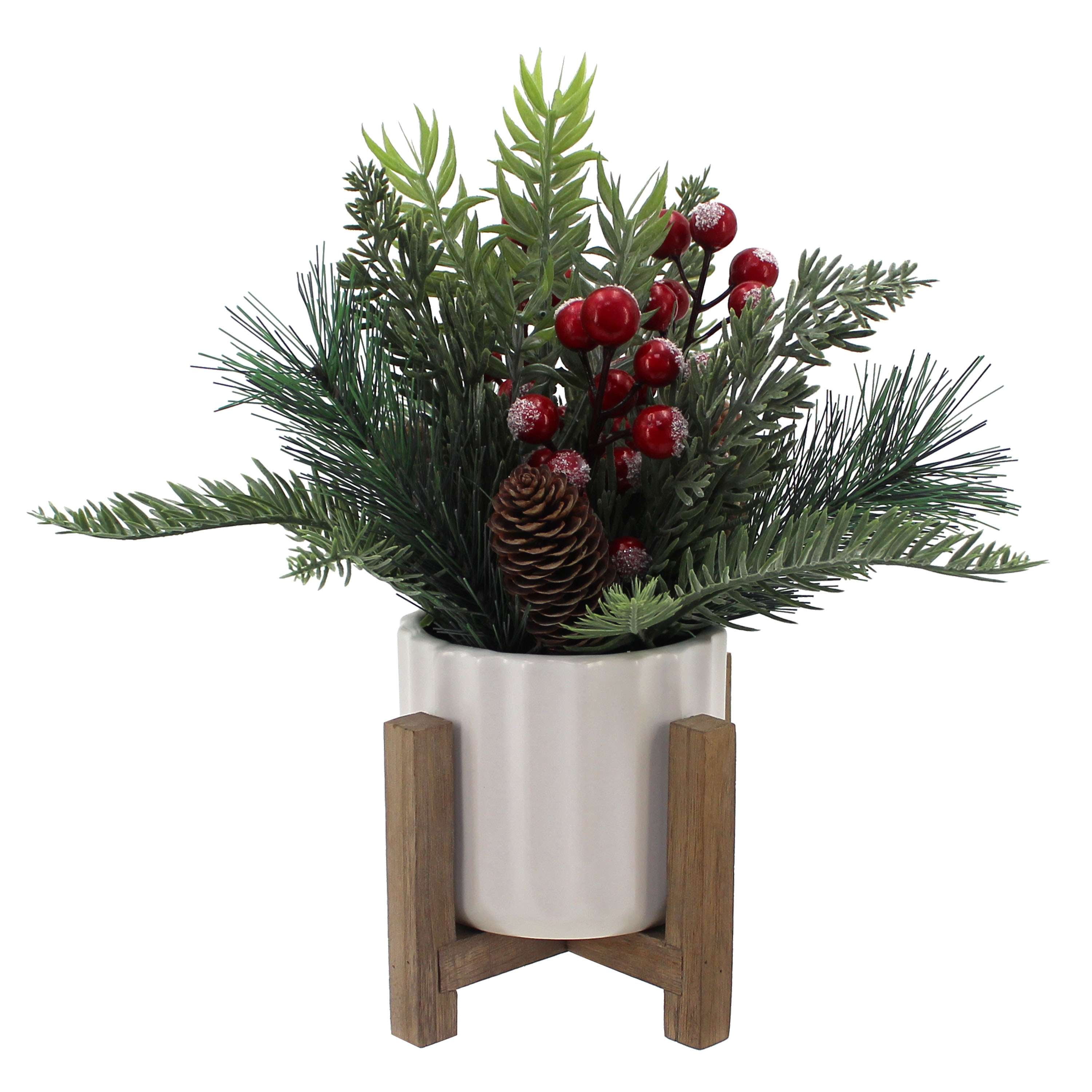 Mainstays 11" Decorative Tabletop Christmas Artificial Tree with Red Berries & Pine in White Ribbed Ceramic Planter on Wooden Stand
