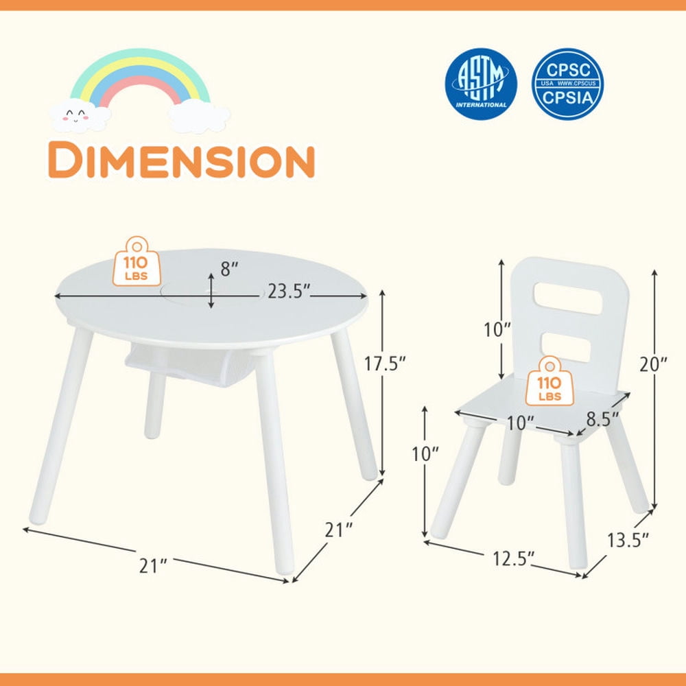 Kadyn Children Kids Table Chair Set,Children Playroom Table Chair Set,Wood Activity Kids Table and Chair Set with Center Mesh Storage-White