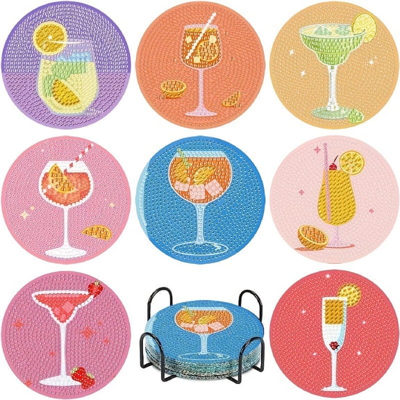 YIFEI 8 Pcs Diamond Art Coasters Kit with Holder Cocktail Diamond Painting Coasters DIY 5D Gem Art Craft for Adults Beginners Home Decor Gift