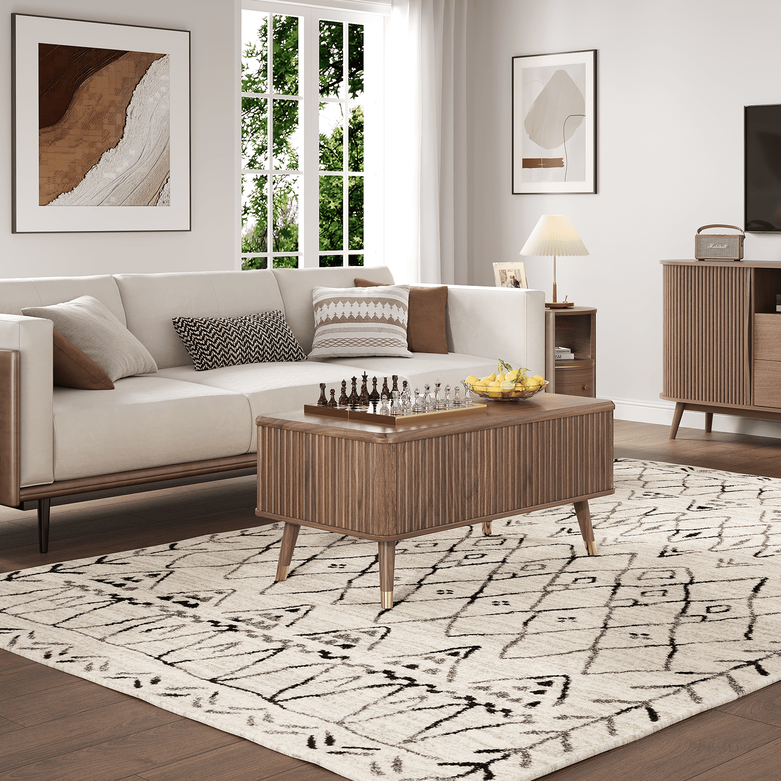 JOINICE Lift Top Coffee Table with Storage,Mid Century Modern Fluted Rectangle Center Table for Living Room,Walnut
