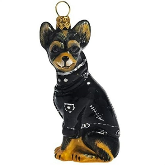 Tri Color Chihuahua in Black Motorcycle Jacket Polish Glass Dog Ornament