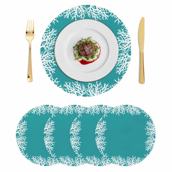 Aqua Coastal Coral Round 15 Inch Placemats Set of 4, White Ocean Marine Sea Nautical Beach HeatResistant Non Slip Place Mats for Dining Table, Wipeable Braided Kitchen Table Mats for Housewarming