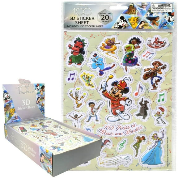6 PACK Disney 100 Raised Sticker Sheet in Poly Bag with a Header Card in Counter Display
