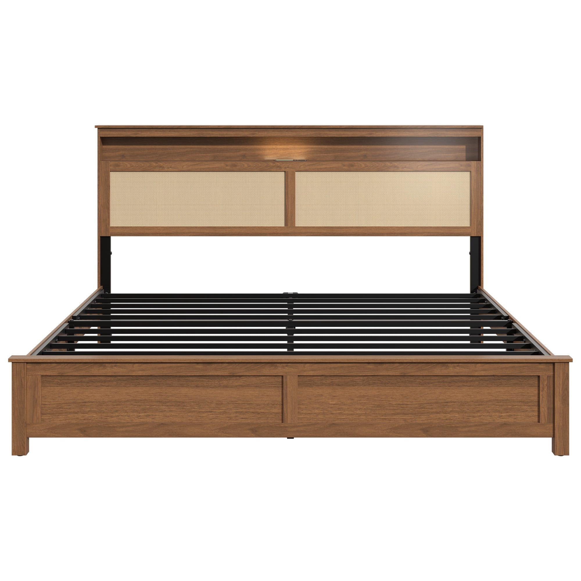 King Bed Frame 86.02 Inch, Rattan Headboard with Built In LED Reading Light and Storage Shelf, Modern Farmhouse Platform Bed, No Box Spring Needed, Brown