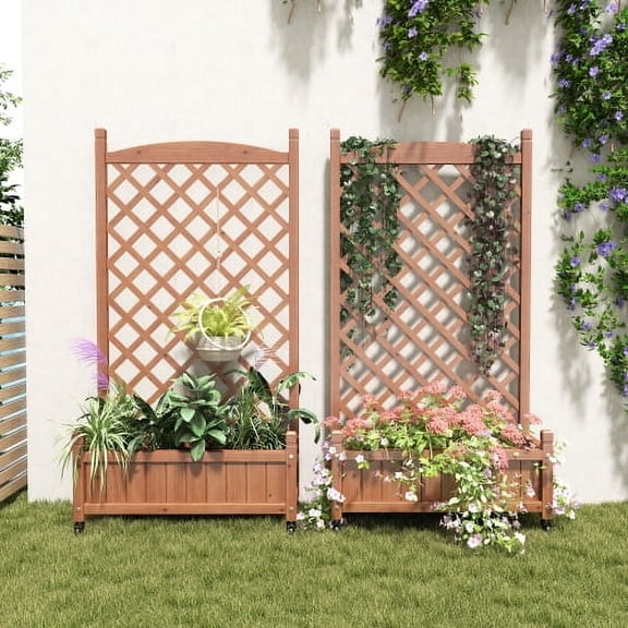 Aurlrtil 42.3'' x 25'' x 11'' Raised Garden Bed with Trellis 2 Pack/Wheels, Outdoor Gardening Patio Wooden Planter Box & Plant Stand with Climbing Racks, Brown