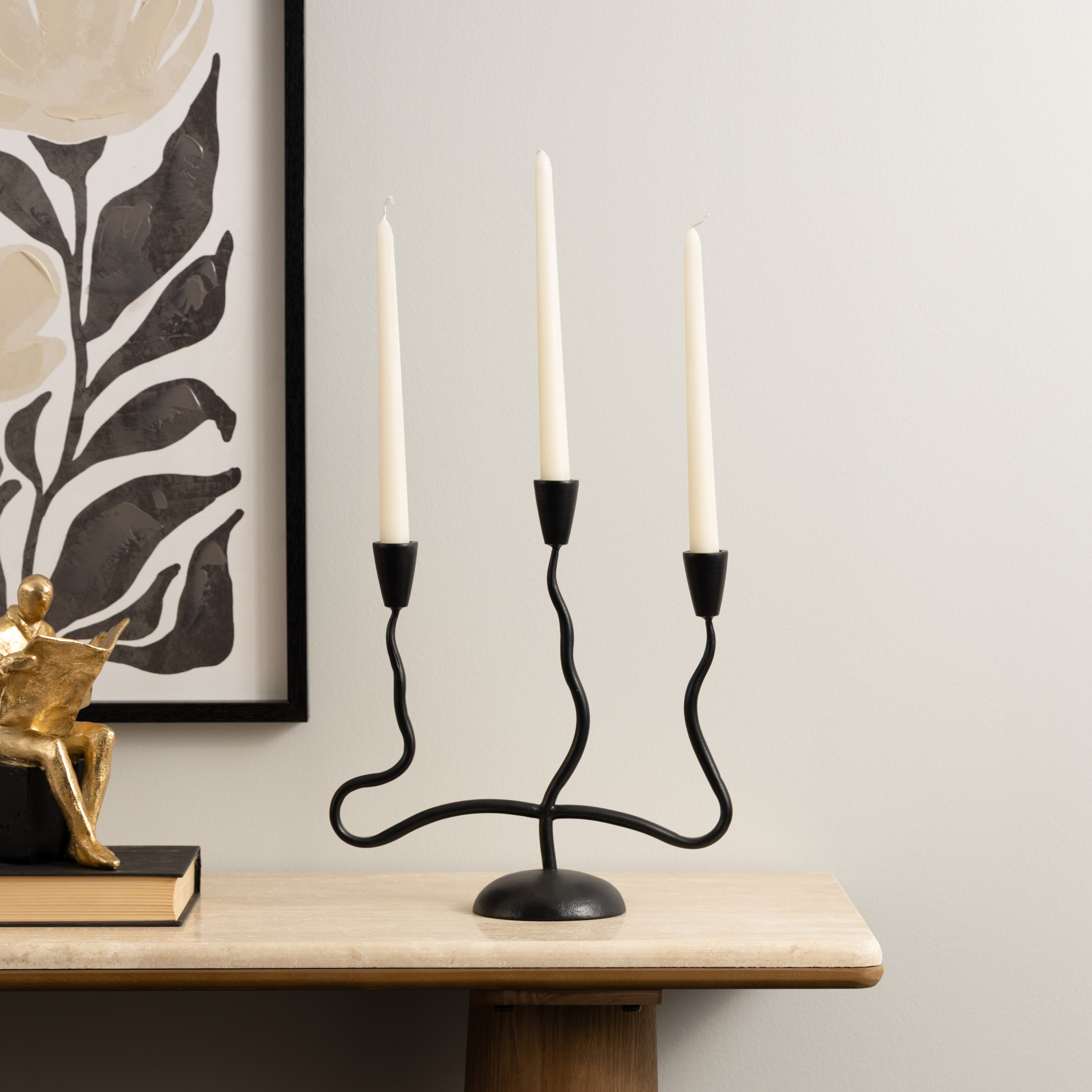 DecMode 3 Candle Black Metal Candle Holder with Round Base