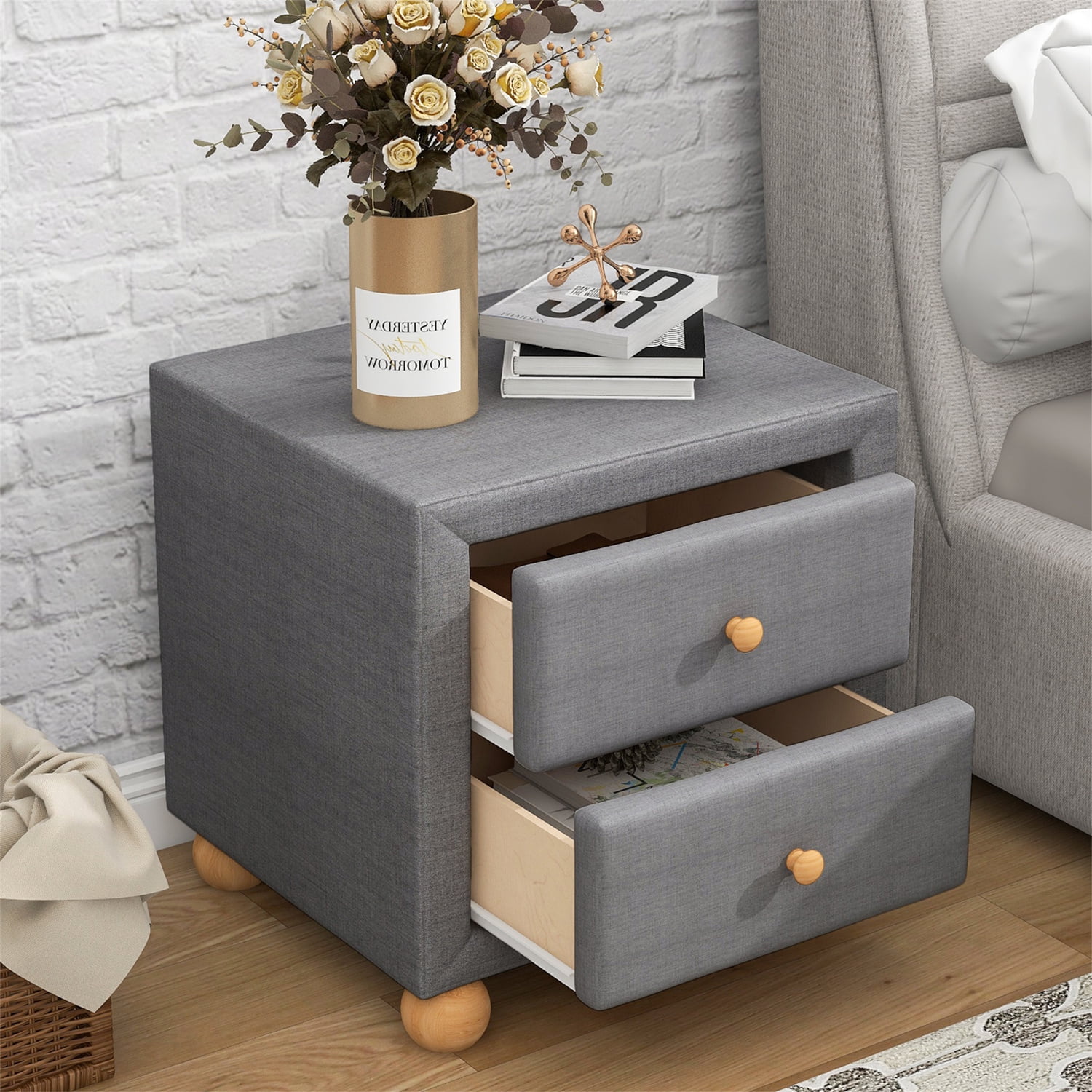 Upholstered Storage Nightstand with 2 Drawers, Modern Wooden Bedside