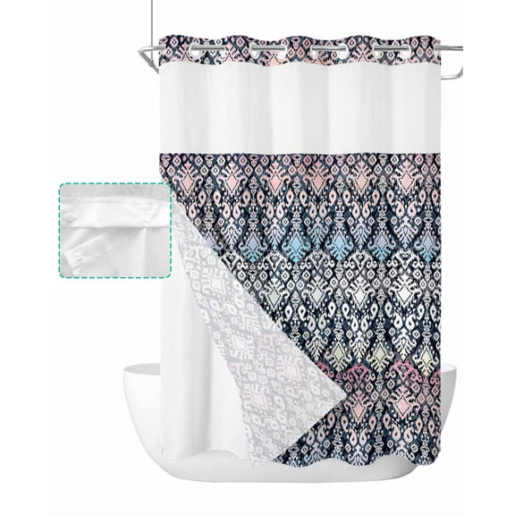 No Hook Shower Curtain with Snap in Liner, Boho Gradient Red White Flowers Texture Hotel Shower Curtains for Bathroom, Washable Shower Curtain Liner Set with Mesh Top Window, 48"x72"