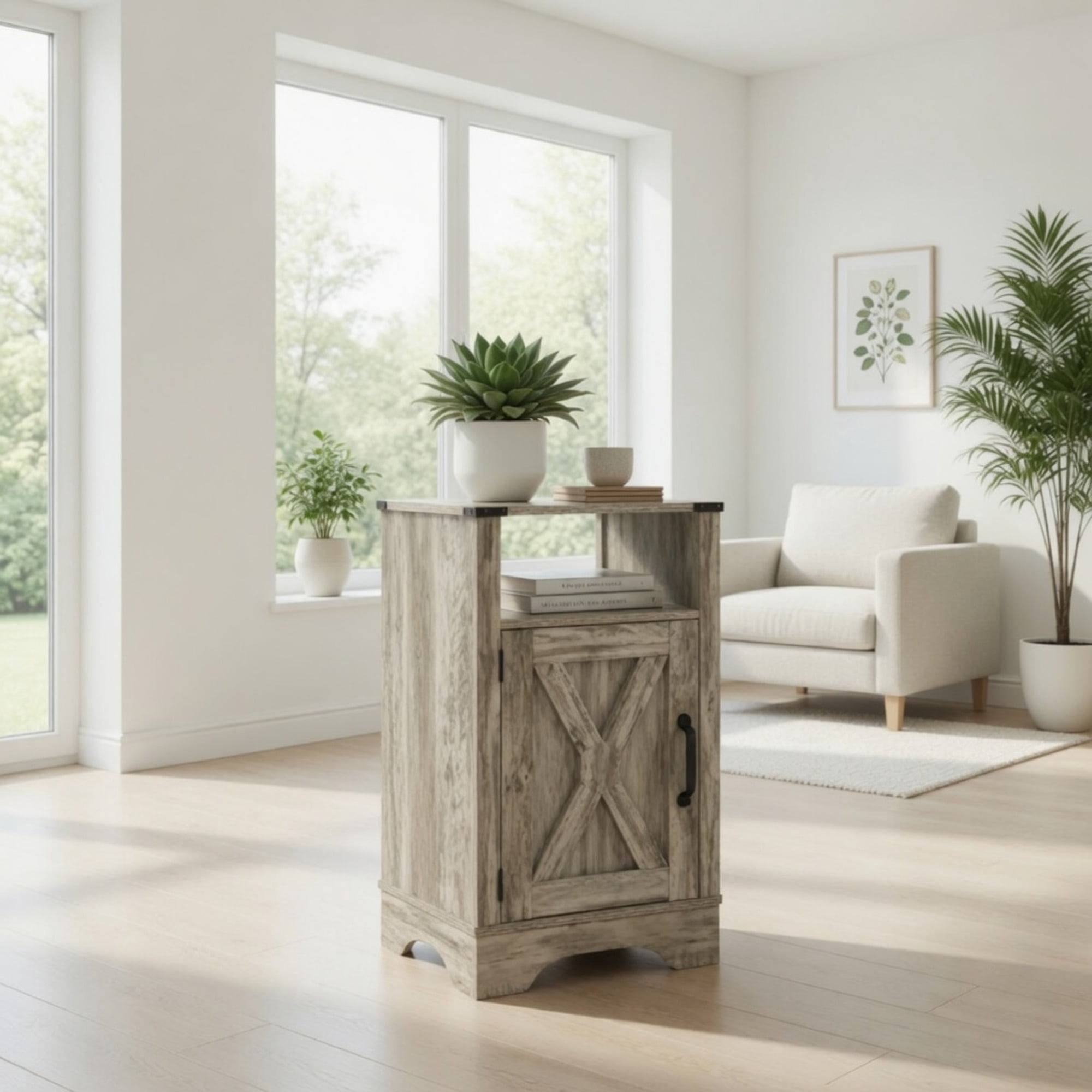 16" Light Grey Farmhouse Nightstand w/ Charging Station & Storage