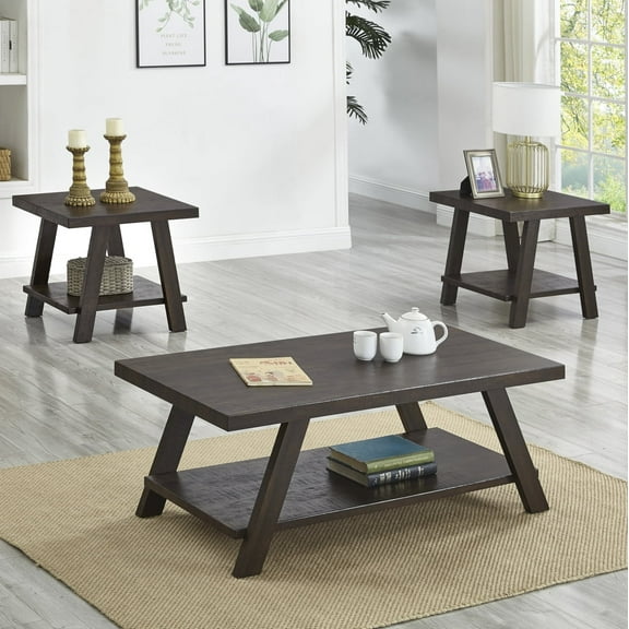 Newboti Athens Contemporary 3-Piece Wood Shelf Coffee Table Set in Weathered Espresso 120231128414173