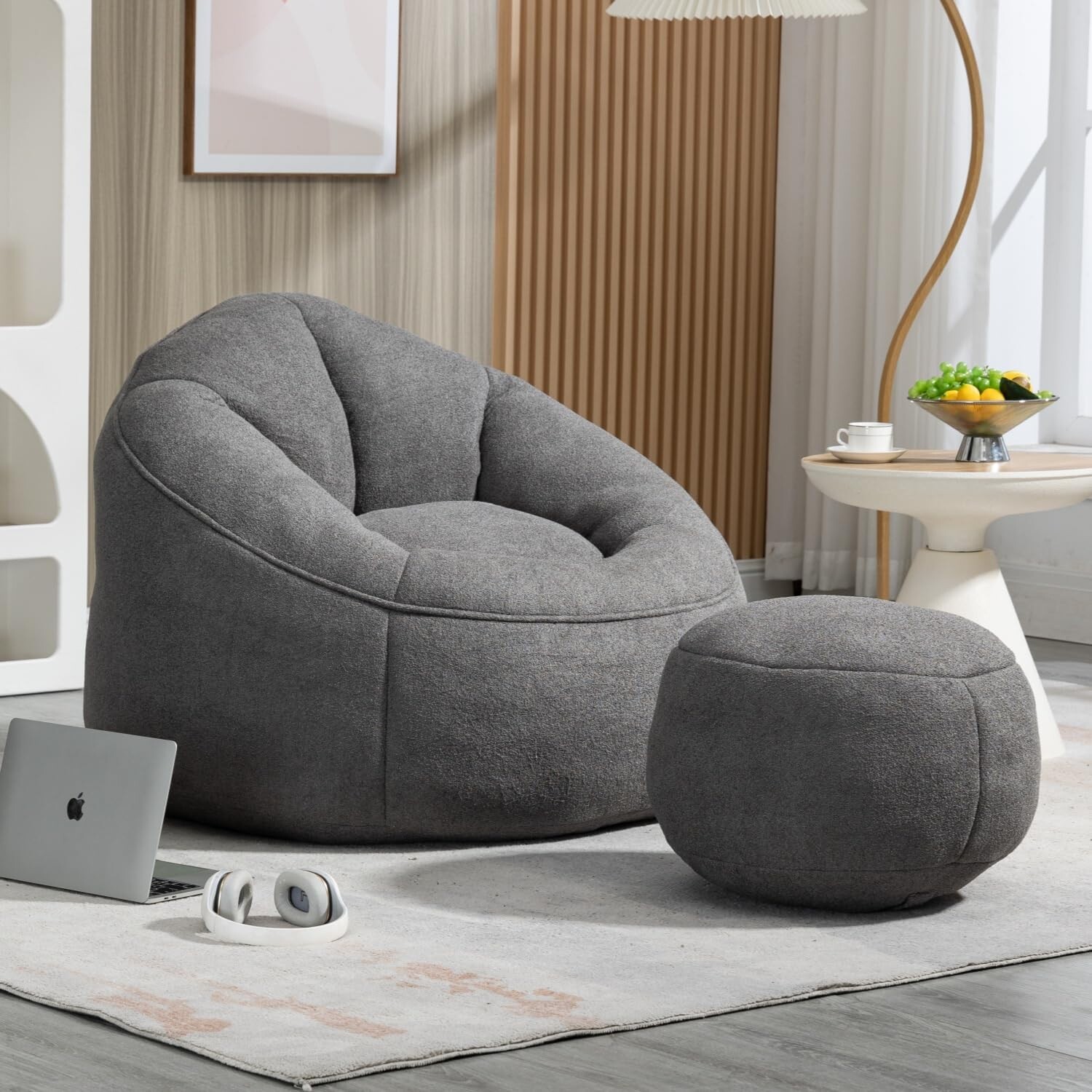 Bean Bag Chair for Adult,Microfiber Upholstered Sofa with Footstool Shell-Shaped Memory Foam Stuffed Lazy Sofa