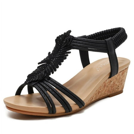 

Women Retro Rhinestones Lightweight Wedge Heeled Sandal Elastic Ankle Strap Bohemian Vacation Platform Roman Sandals