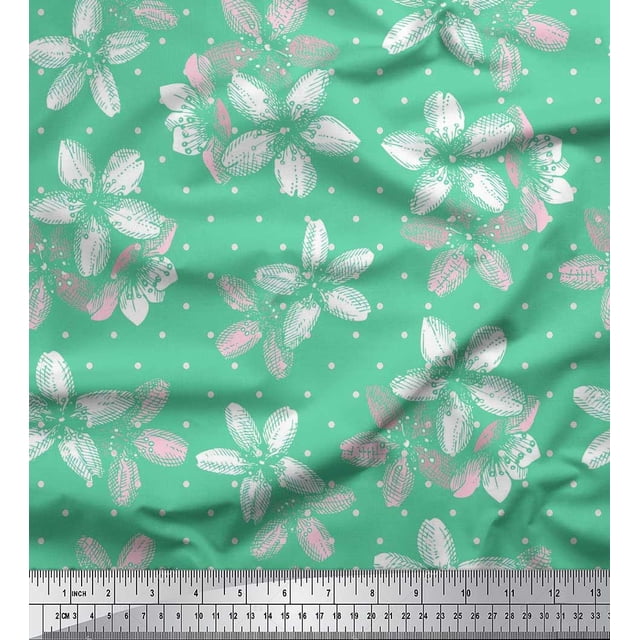 Soimoi Green Modal Satin Fabric Dot & Floral Print Sewing Fabric BTY 42 Inch Wide