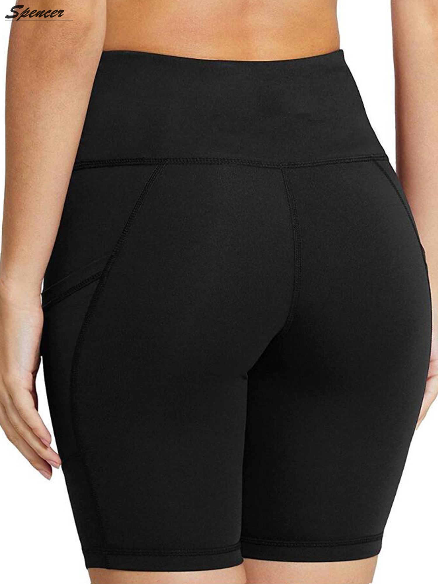 Spencer Womens High Waist Yoga Shorts with Side Pockets Tummy Control Workout 4 Way Stretch Yoga Leggings "M, Black" - image 5 of 9