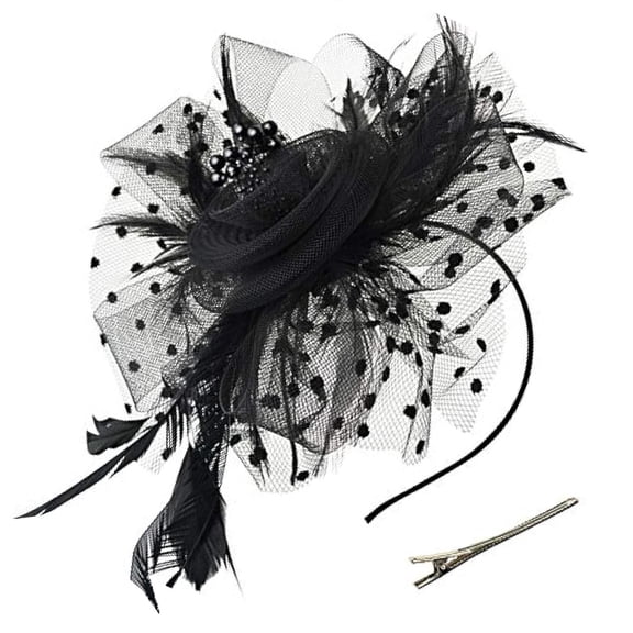 Elegant Faux Feather Mesh Fascinator Hat with Flower Embellishments.(Black)