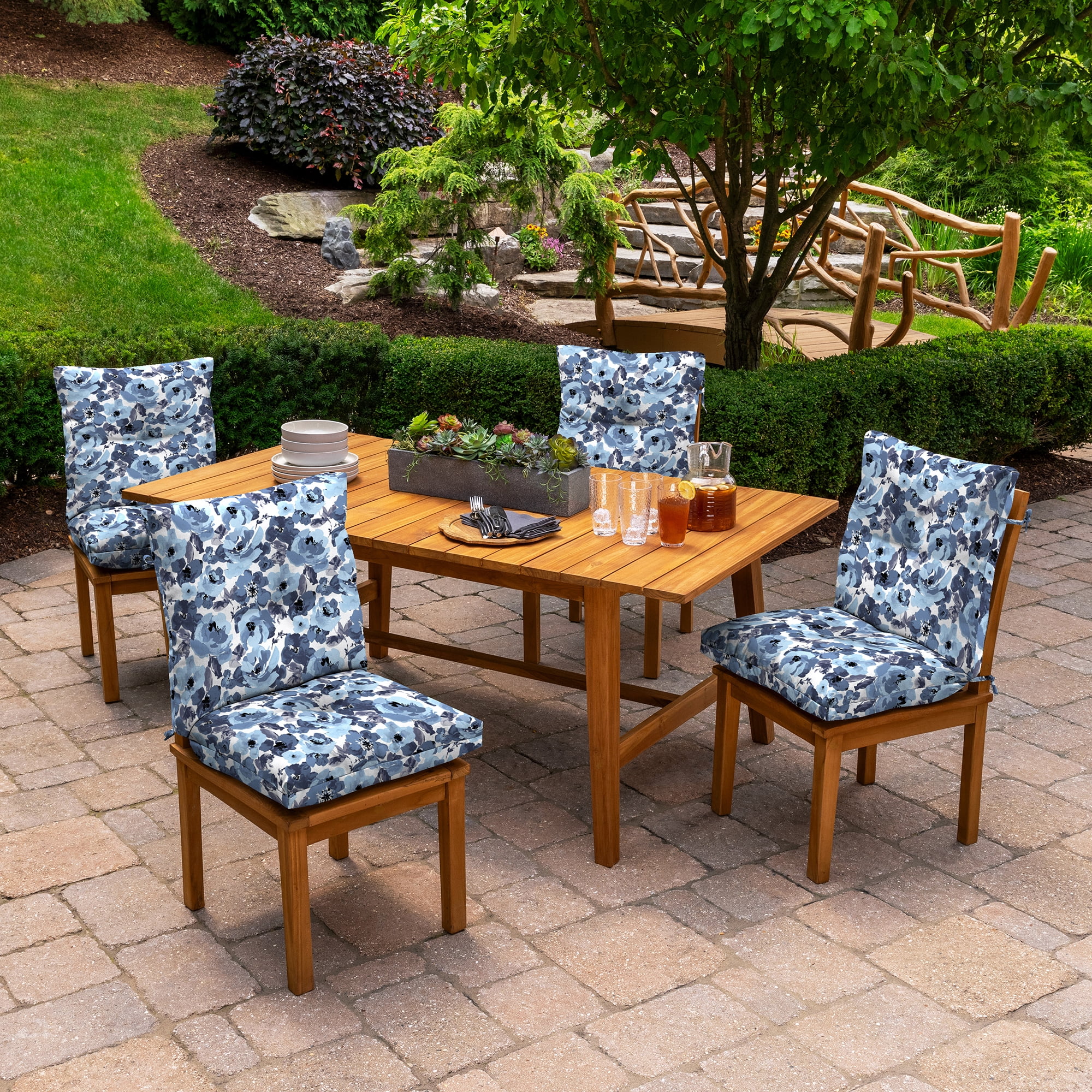 ARDEN Outdoor Plush Modern Tufted Blowfill Dining Chair Cushion, 21 x 40, Water Repellent, Fade Resistant, Tufted Cushion for Dining and Bistro Chairs, Blue Garden Floral