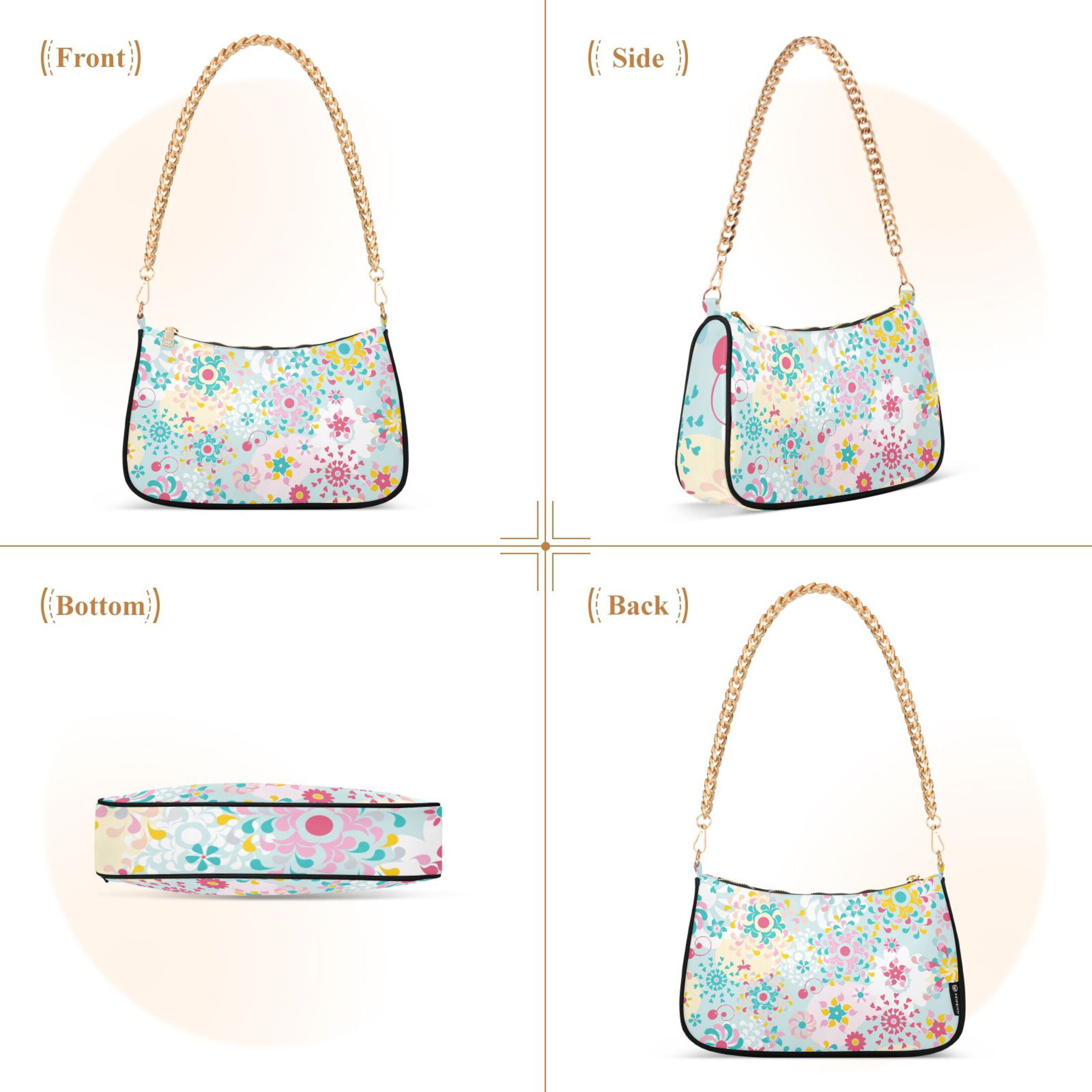 Colorful Floral Flowers Pink and Blue Womens Chain Shoulder Bag Tote Handbag Clutch Hobo Purse with Zipper for Travel Casual