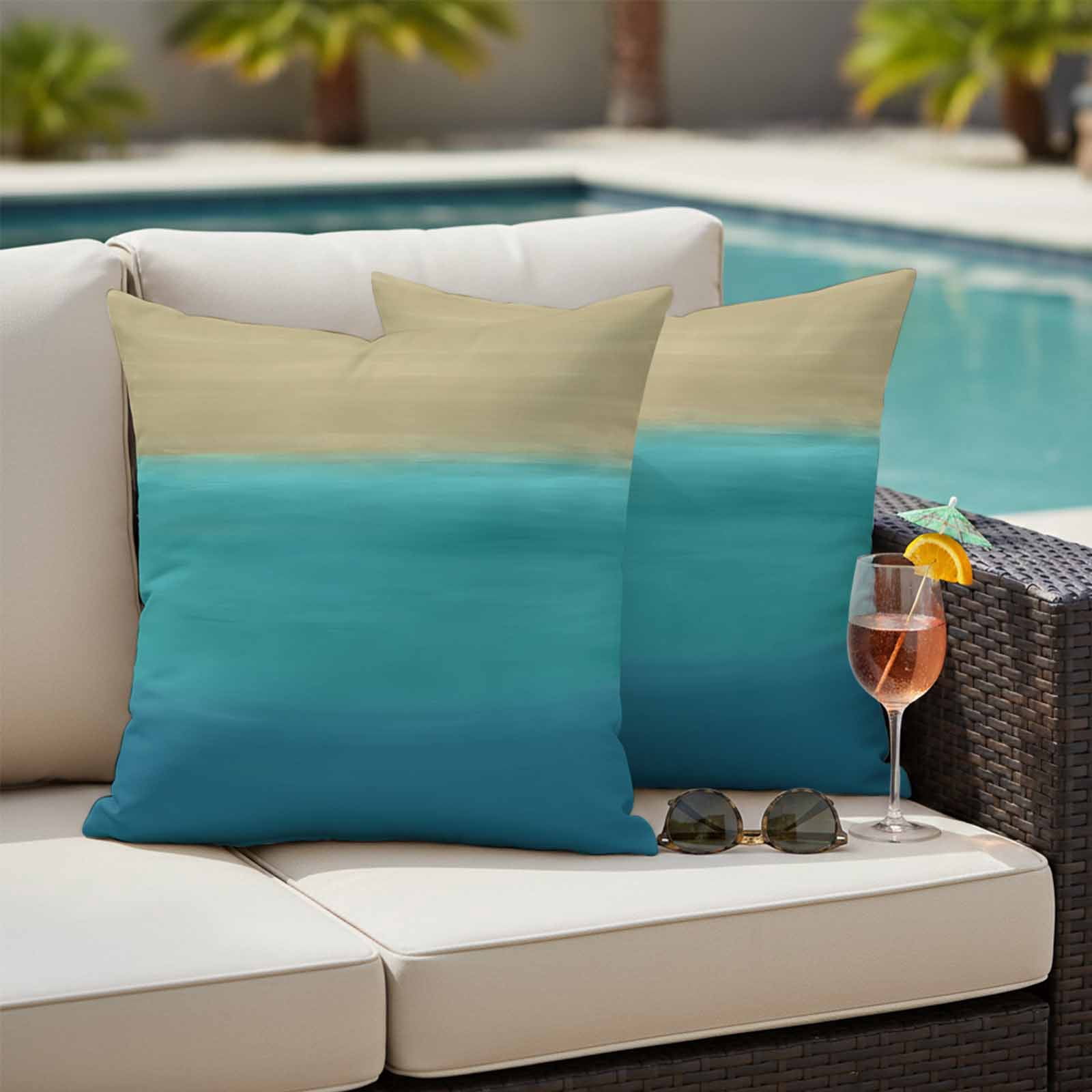 Teal Blue Ombre Outdoor Waterproof Pillow Covers, Modern Abstract Gradient Art Decorative Square Throw Pillowcase Sofa Cushion Sham for Patio/Couch/Chair, 24"x24" 2 Pack