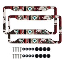Renewold Southwest American Tribal Cow Print Red Metal Car Plate Frame Tag Novelty Metal Automotive License Plate Frames License Plate Frame Car Decor, 2 Pack