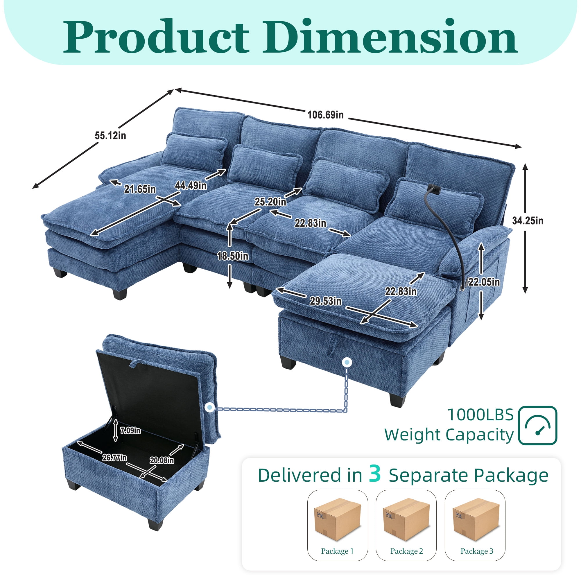 MOONMIS 106" U Shape Sectional Sofa Cloud Couch for Living Room, Upholstery Comfy Modular Sofas, 4 Seat Chenille U-Shaped Sleeper Sofa with Chaise Lounge, Ottoman & Pillows