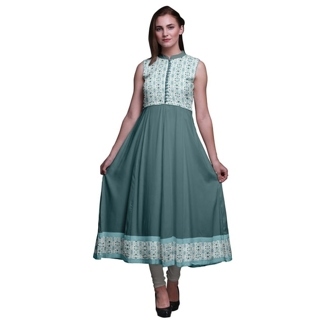 Bimba Kurtis Indiennes Géométriques Vert Sarcelle Foncé pour Femmes, Anarkali Prête à Porter Unie, Robe Imprimée Kurti Indienne Petite