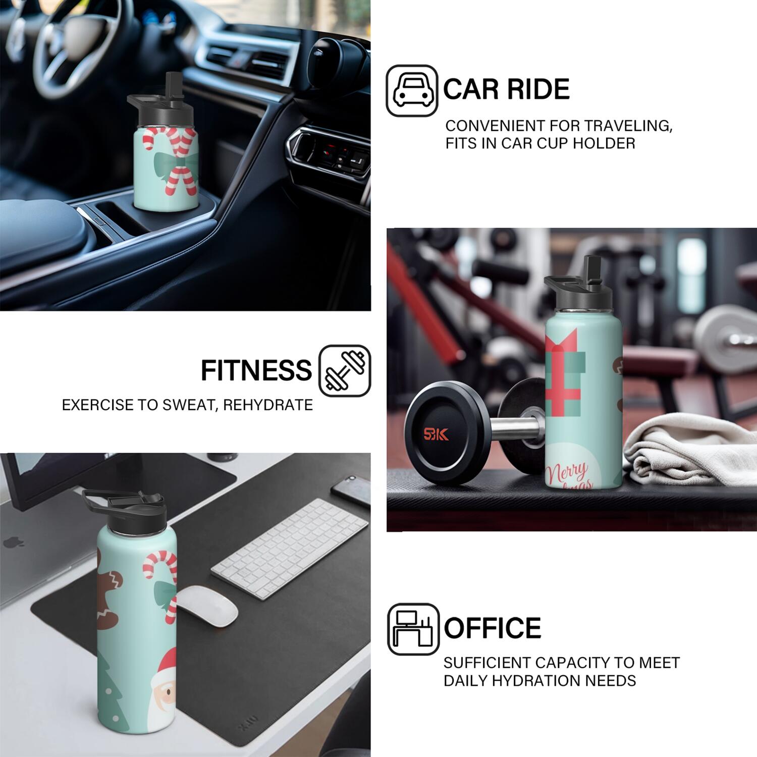 Christmas 18 oz Insulated Stainless Steel Water Bottle with Straw & Cleaning Brush , Leakproof, BPA-Free, 304 Stainless Steel, Wide Mouth, Travel Mug for Car, Gym, Office