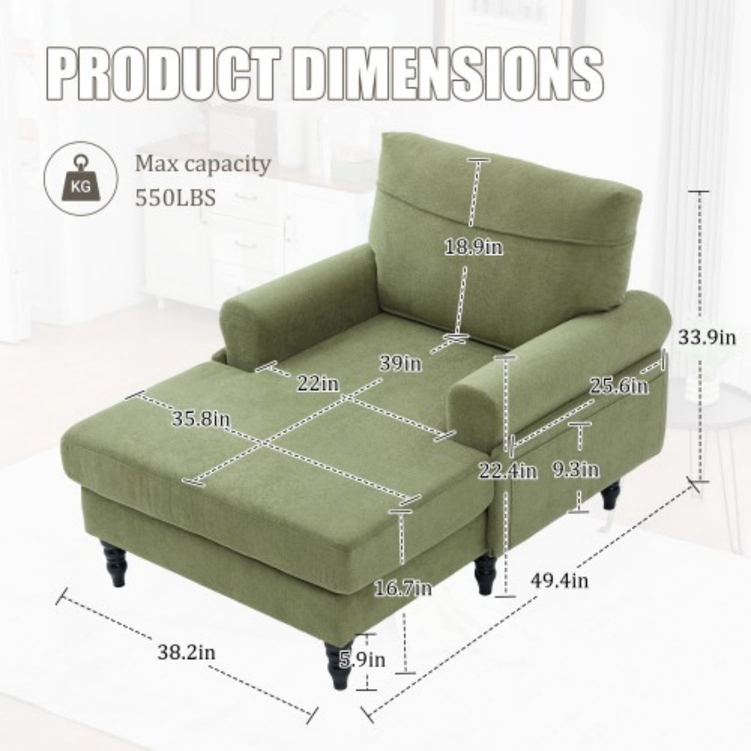 Chenille Chaise Lounge Chair, Oversized Upholstered Recliner Sofa with Wide Seat, High Density Foam Backrest, Solid Wood Legs & Side Pockets for Living Room, Bedroom, Office, Olive Green